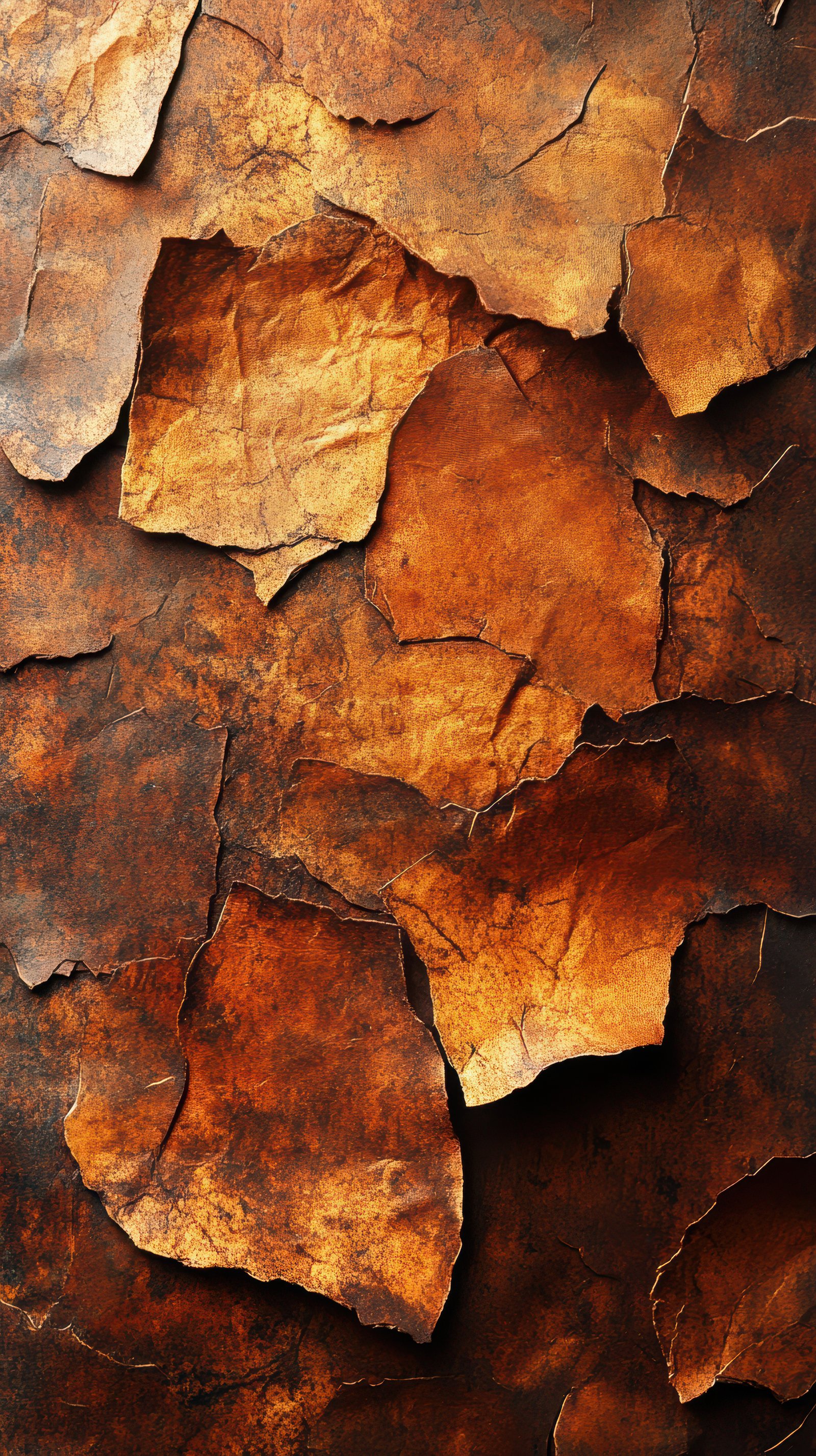 Textured brown and orange cracked surface with peeling layers in abstract background